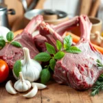 Ingrédients frais pour une recette italienne de jarret de bœuf, incluant des morceaux de jarret de bœuf, des tomates, de l'ail, du basilic frais, des carottes, des oignons, de l'huile d'olive et du romarin.