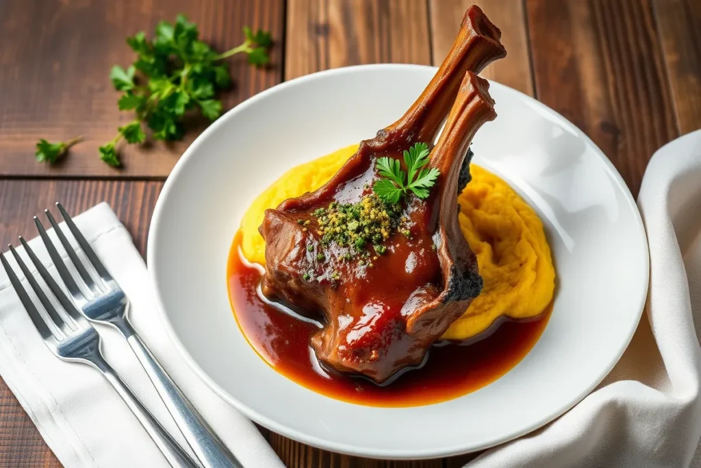 "Jarret de bœuf servi avec polenta et gremolata sur une assiette blanche.