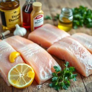 Ingrédients frais pour une marinade de saumon : 4 pavés de saumon, un citron coupé en deux, une gousse d'ail, de la moutarde douce, du miel, de l'huile d'olive, du persil frais et des épices sur une surface en bois rustique