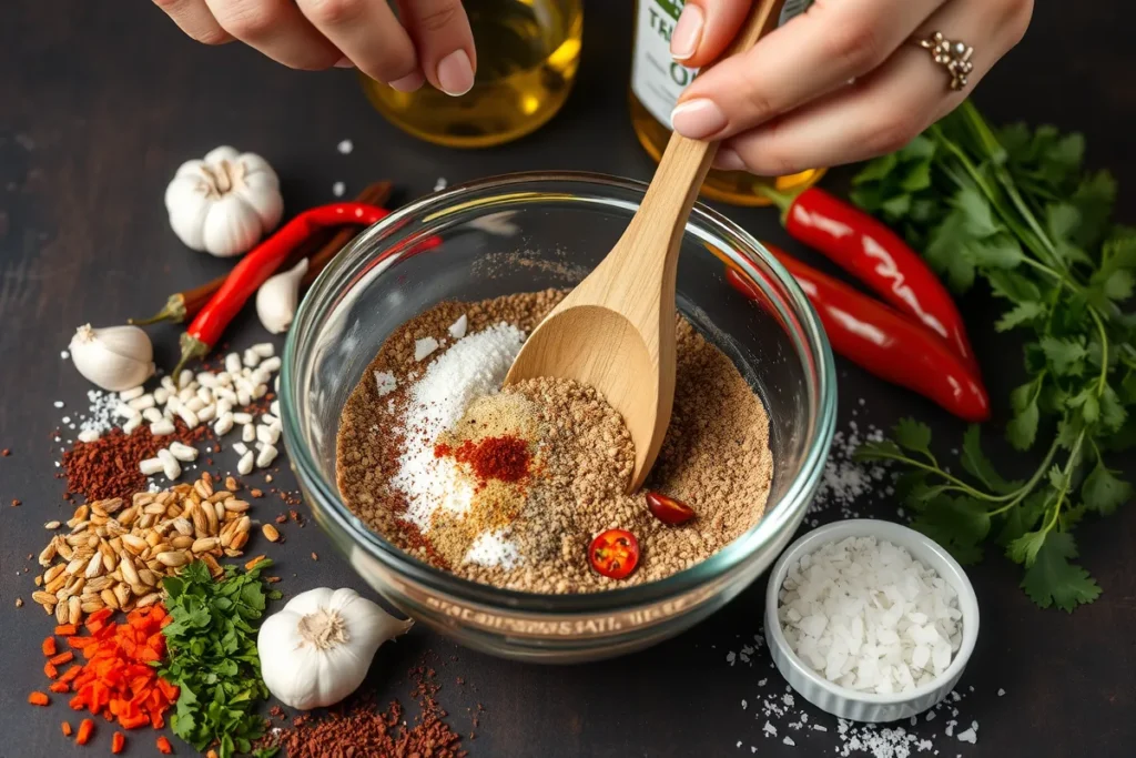 Épices mélangées dans un bol pour la marinade du poulet