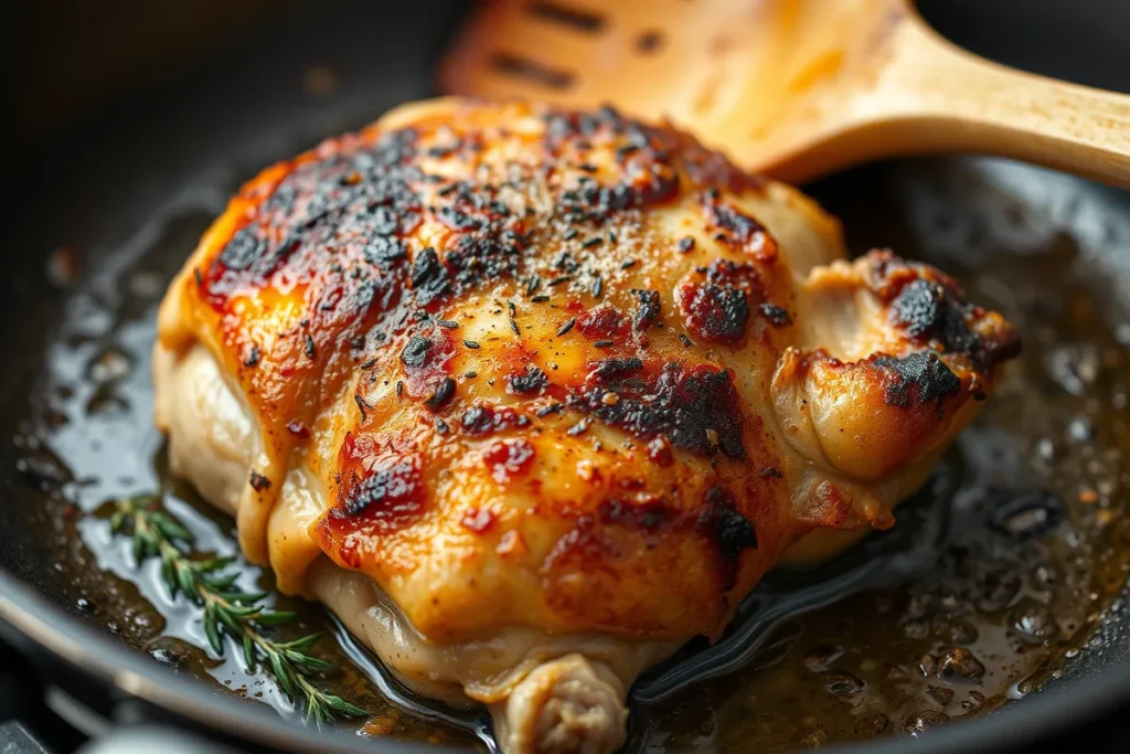 Suprême de poulet doré à la poêle, peau croustillante et juteuse.