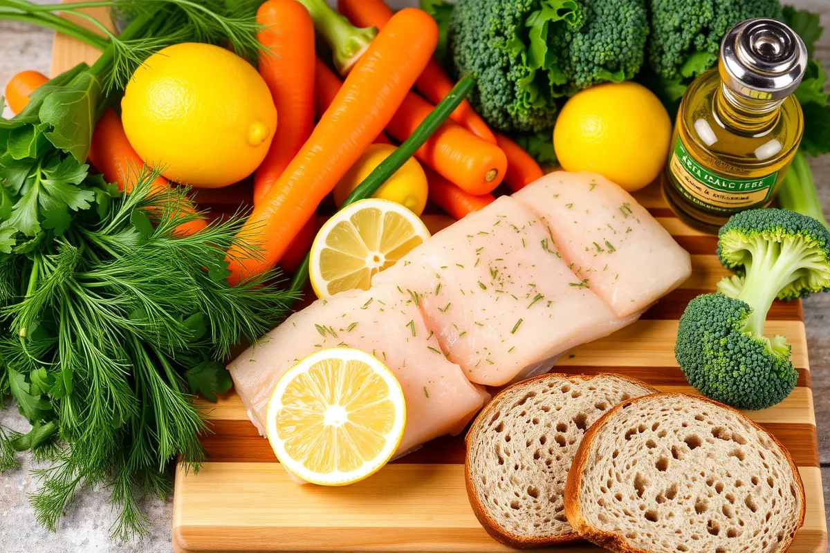 Fresh ingredients for pavé de saumon fumé, including salmon, fresh herbs, seasonal vegetables, lemon, olive oil, salt, pepper, and whole-grain bread