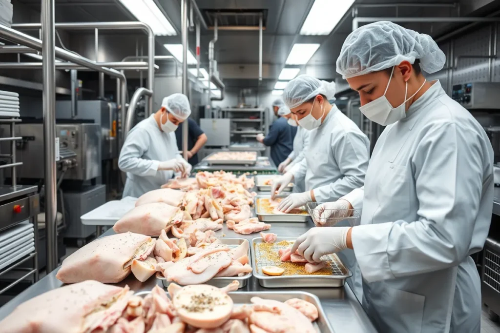 Processus de fabrication du jambon de dinde halal dans une usine propre et moderne.