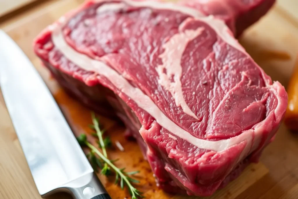 Découpe de plat de cote de boeuf crue montrant la texture et les marbrures.