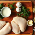 Ingrédients frais pour un suprême de volaille à la crème : poulet, persil, ail, crème épaisse, moutarde de Dijon, beurre et sel