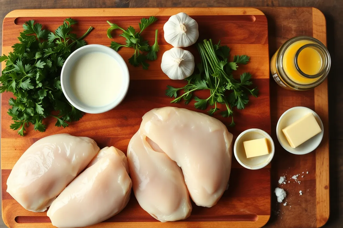 Ingrédients frais pour un suprême de volaille à la crème : poulet, persil, ail, crème épaisse, moutarde de Dijon, beurre et sel