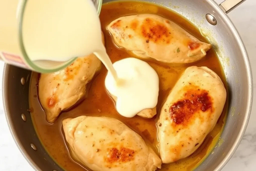 Ajout de la crème à la volaille dans la poêle