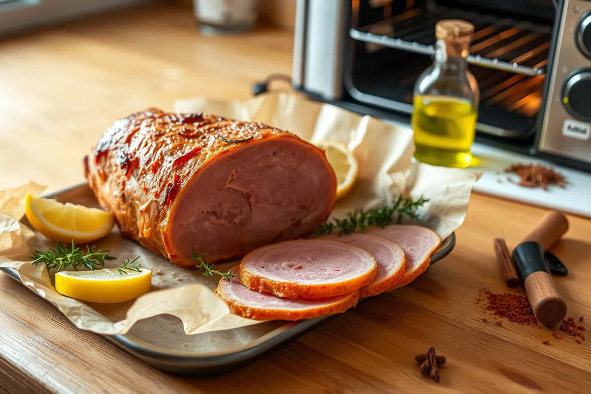 Jambon de dinde maison cuit au four, servi avec des herbes fraîches et des tranches de citron, sur une plaque de cuisson, avec des épices et de l'huile d'olive à côté.