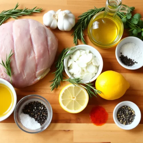 Ingrédients frais pour jambon de dinde maison disposés sur une surface en bois : dinde, ail, herbes, citron, épices