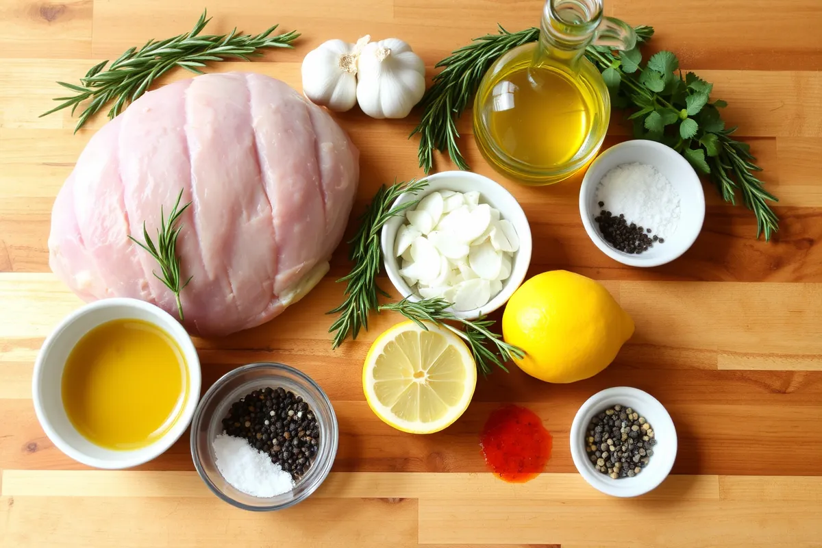 Ingrédients frais pour jambon de dinde maison disposés sur une surface en bois : dinde, ail, herbes, citron, épices