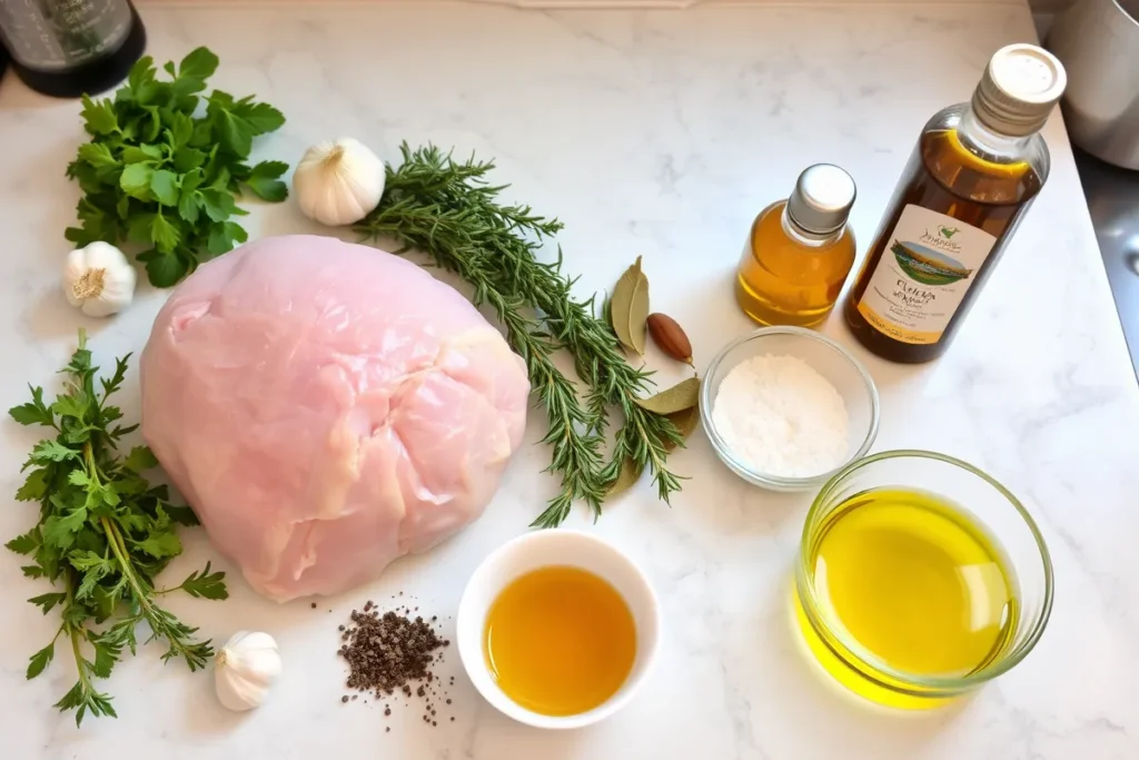 Ingrédients pour le jambon de dinde maison : poitrine de dinde, ail, herbes fraîches, sel, poivre et huile d'olive