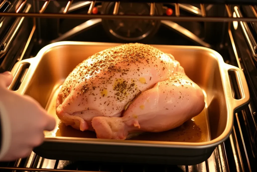 Cuisson de la poitrine de dinde assaisonnée dans le four pour le jambon de dinde maison.