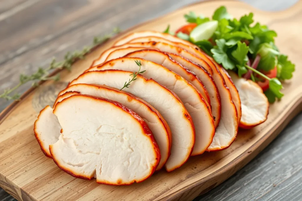 "Jambon de dinde maison tranché et présenté avec des herbes fraîches