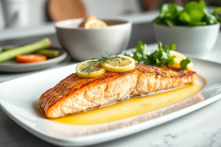 Pavé de saumon fumé garni de fines herbes et accompagné de légumes de saison