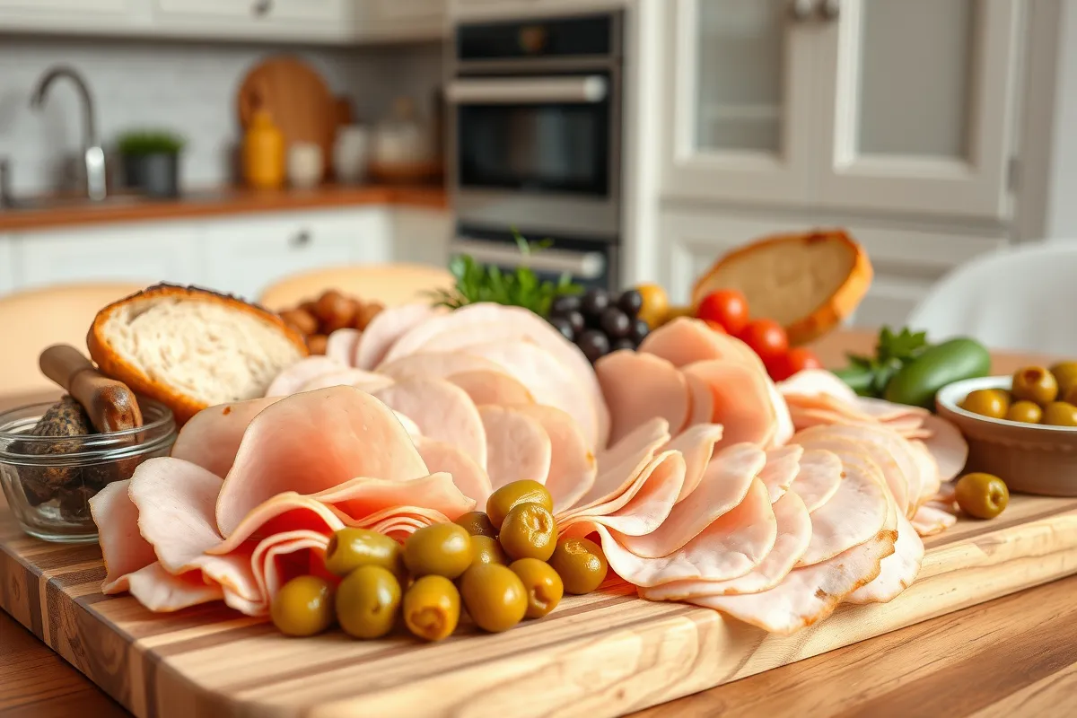 Un plateau de charcuterie halal avec du jambon de dinde halal tranché, du pain frais, des olives et des cornichons, posé sur une table en bois dans une cuisine élégante.