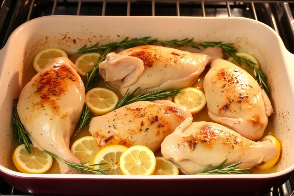 Suprême de poulet au four avec romarin et citron, cuisson parfaite.