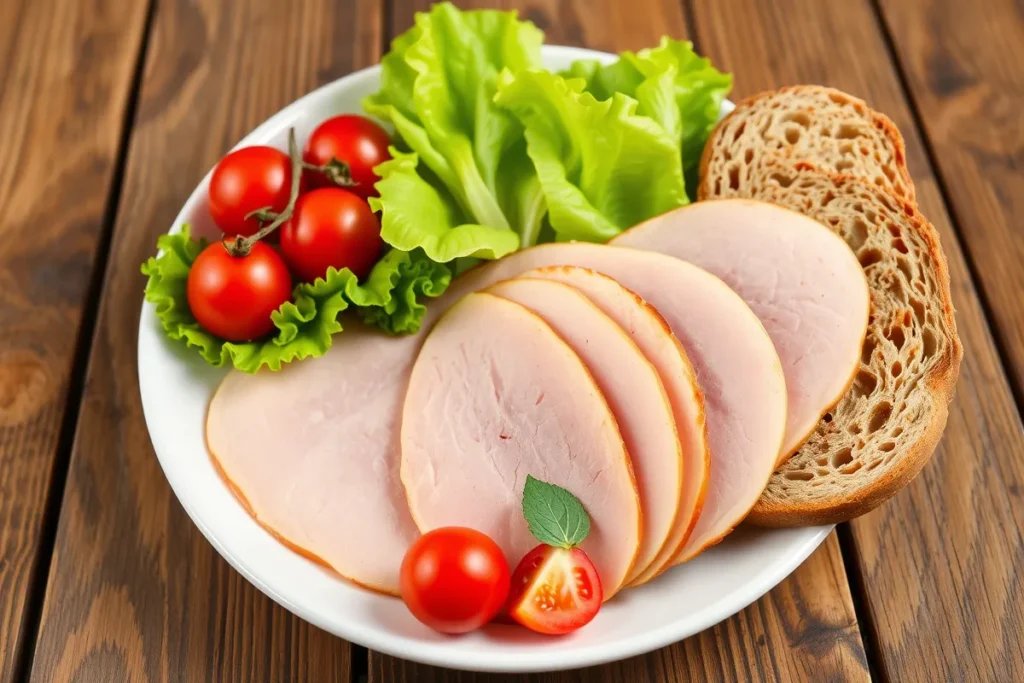 Assiette équilibrée avec du jambon de dinde halal, des légumes frais et du pain complet.