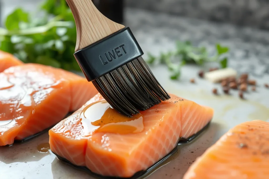 Badigeonnage des pavés de saumon avec de l'huile d'olive avant cuisson.