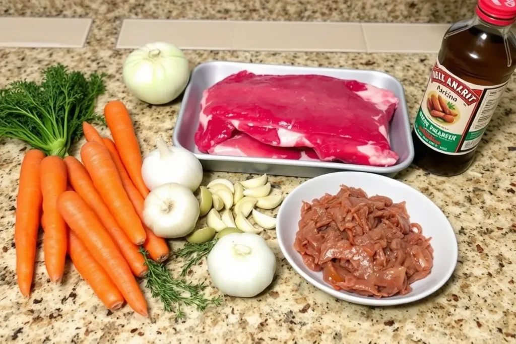 Ingrédients de la recette de plat de cote de boeuf : viande, légumes, et aromates
