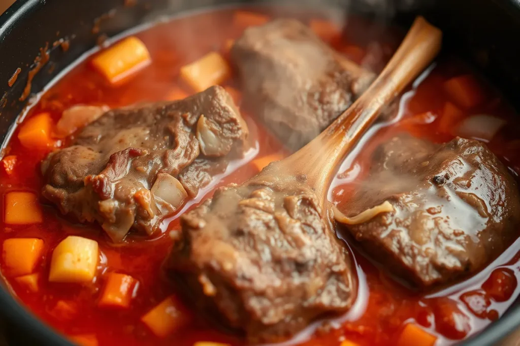 Jarret de boeuf recette italienne dans une cocotte avec sa sauce tomate