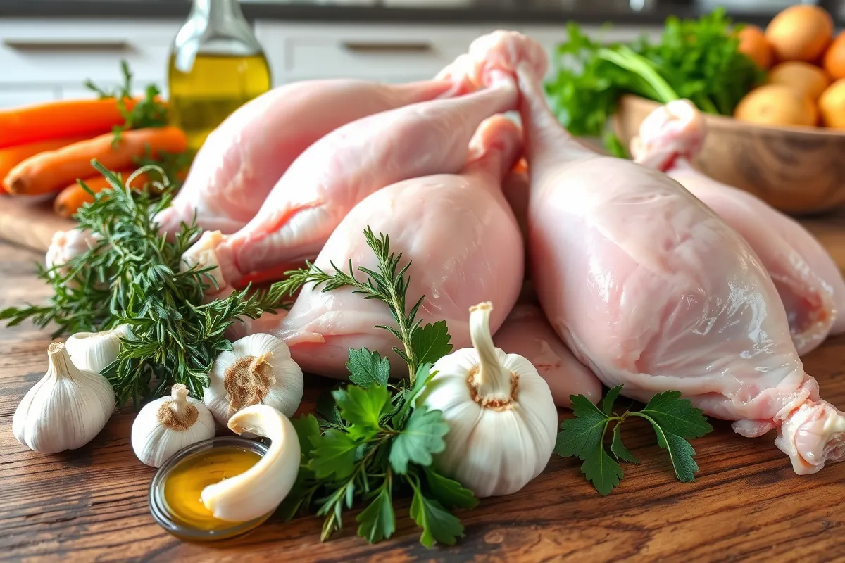 Ingrédients frais pour jambonnette de dinde : cuisses de dinde, herbes fraîches, ail, huile d'olive, et légumes sur une surface en bois