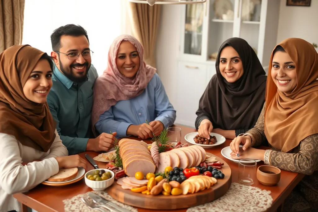 Famille arabe partageant un repas autour d’une assiette de charcuterie halal avec du jambon de dinde.