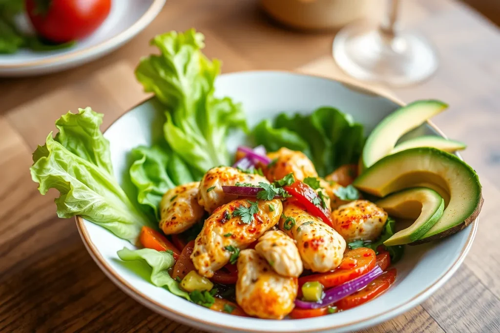 Assiette de poulet chiquetaille servie avec de la laitue et de l'avocat.