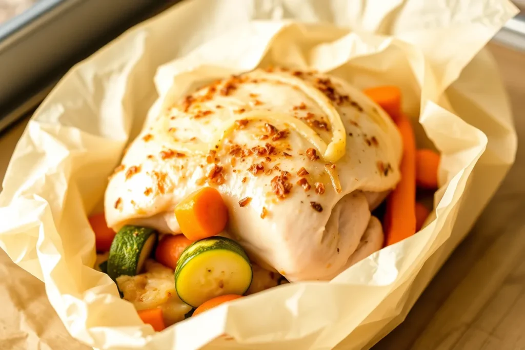 Suprême de poulet en papillote avec légumes frais, prêt à cuire.
