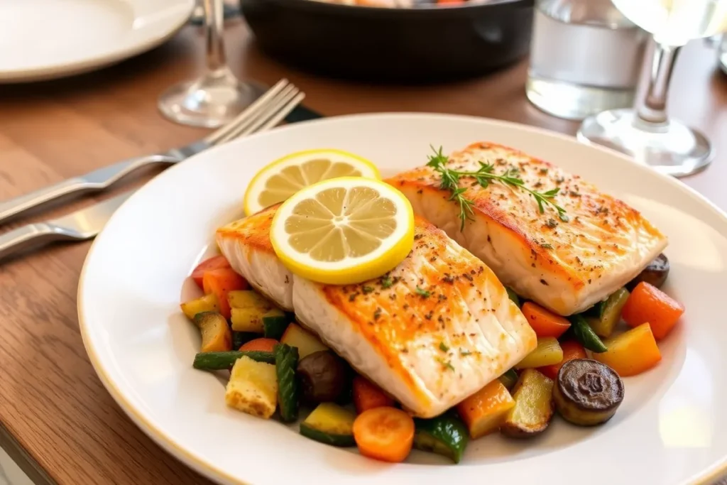 Assiette de pavé de saumon aux légumes au four, prête à être dégustée.