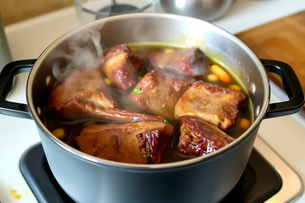 Plat de cote de boeuf mijotant dans une casserole avec légumes et herbes.