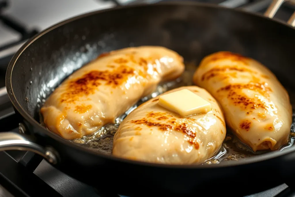 Cuisson des suprêmes de volaille dans la poêle avec du beurre