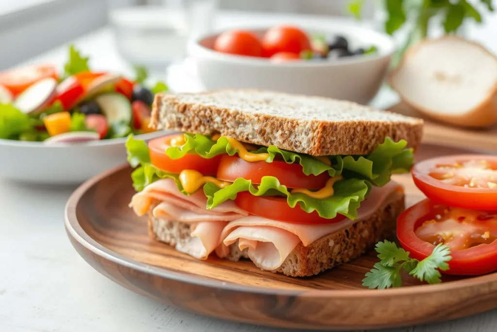 Sandwich au jambon de dinde halal avec laitue, tomate et moutarde, accompagné d’une salade fraîche.