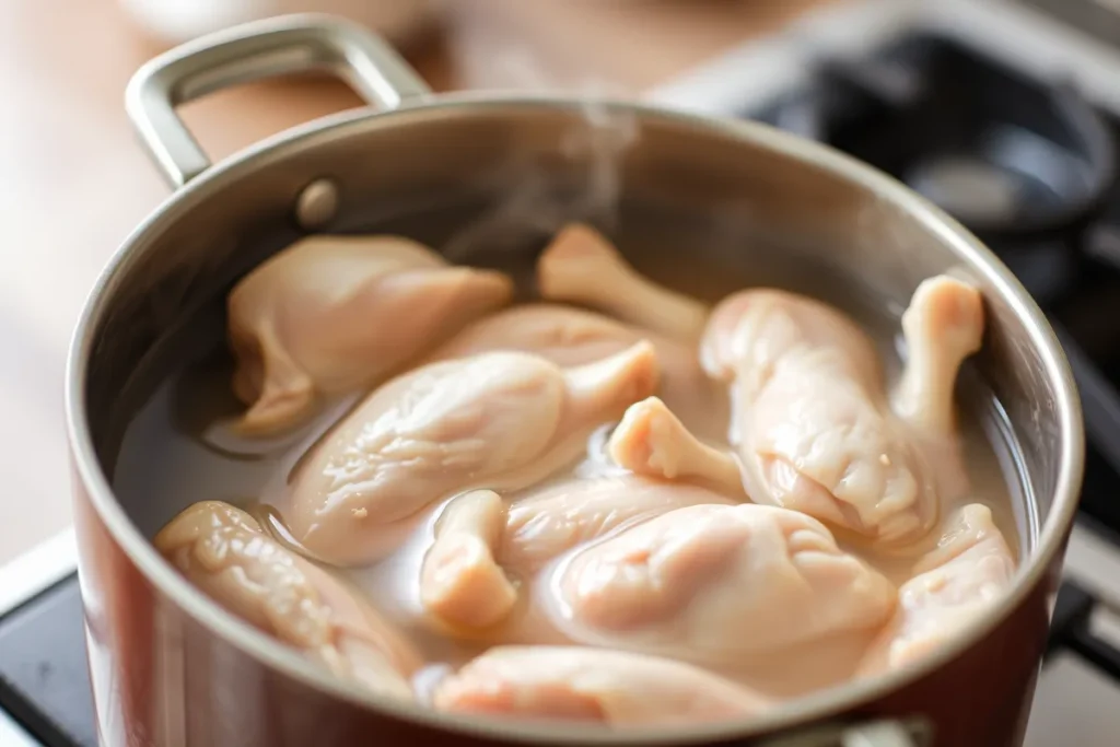 Chiquetaille de poulet en train de cuire dans une casserole d'eau bouillante.