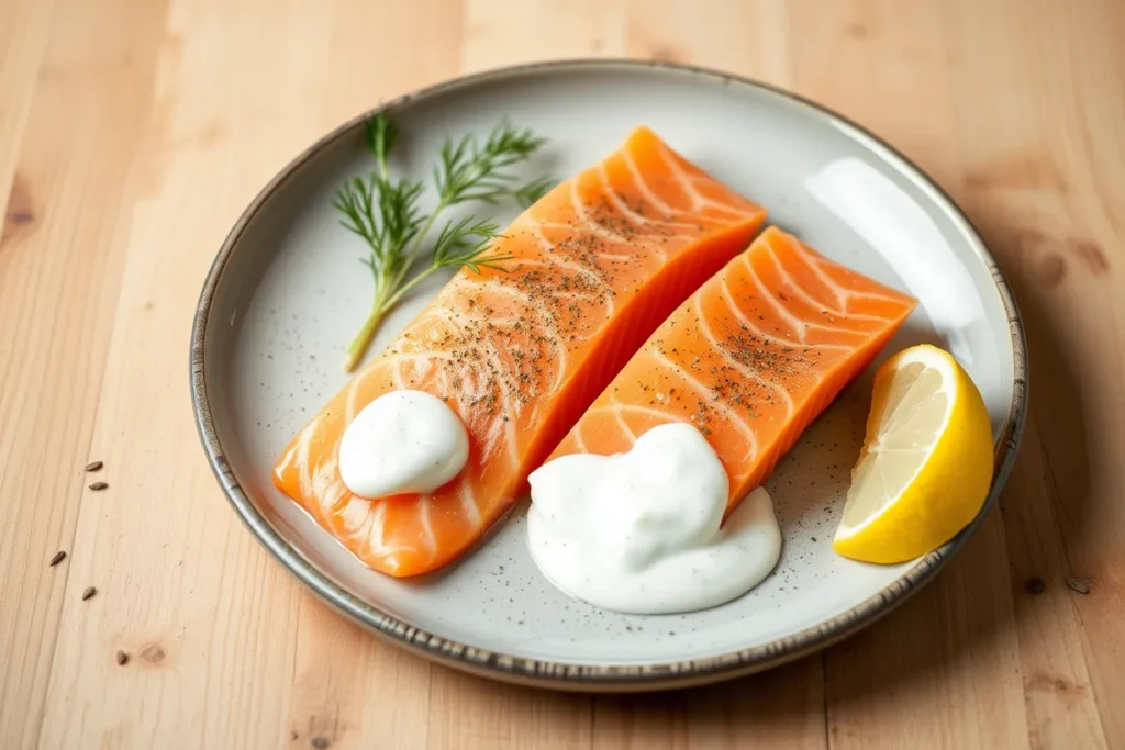 Pavé de saumon fumé accompagné d'une sauce légère au yaourt et à l'aneth.