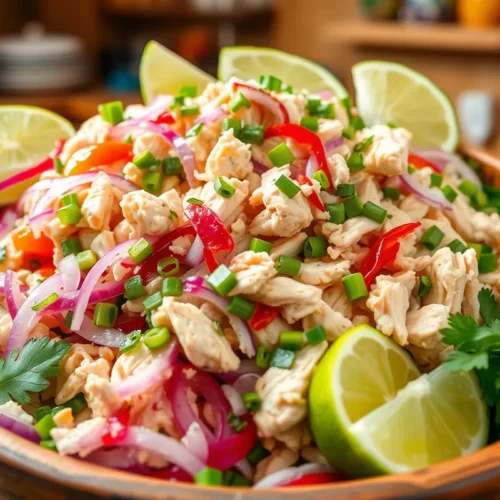 Salade de chiquetaille de poulet antillaise dans un bol en bois avec des ingrédients frais, comme des oignons rouges, du poivron vert et du persil, garnie de quartiers de citron vert