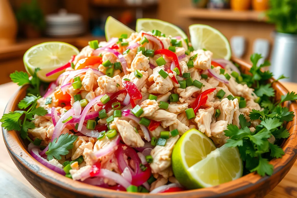 Salade de chiquetaille de poulet antillaise dans un bol en bois avec des ingrédients frais, comme des oignons rouges, du poivron vert et du persil, garnie de quartiers de citron vert