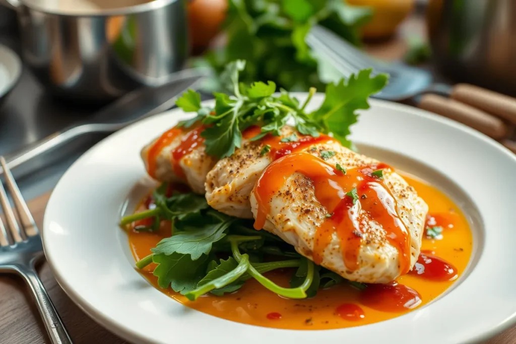 Assiette de poulet chiquetaille finement présentée avec des légumes frais