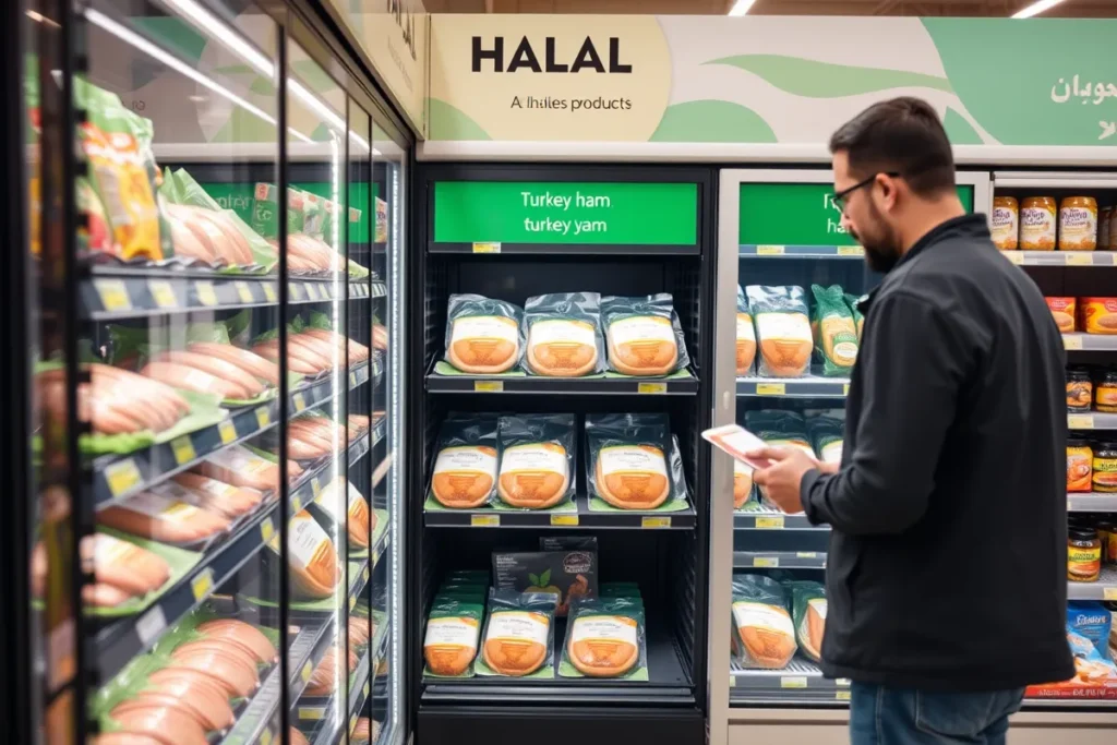 Rayon de supermarché proposant du jambon de dinde halal bien étiqueté