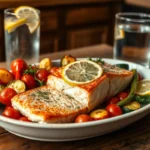 Plat de pavé de saumon doré accompagné de légumes rôtis colorés sur une table en bois rustique