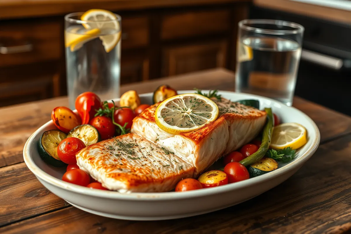 Plat de pavé de saumon doré accompagné de légumes rôtis colorés sur une table en bois rustique