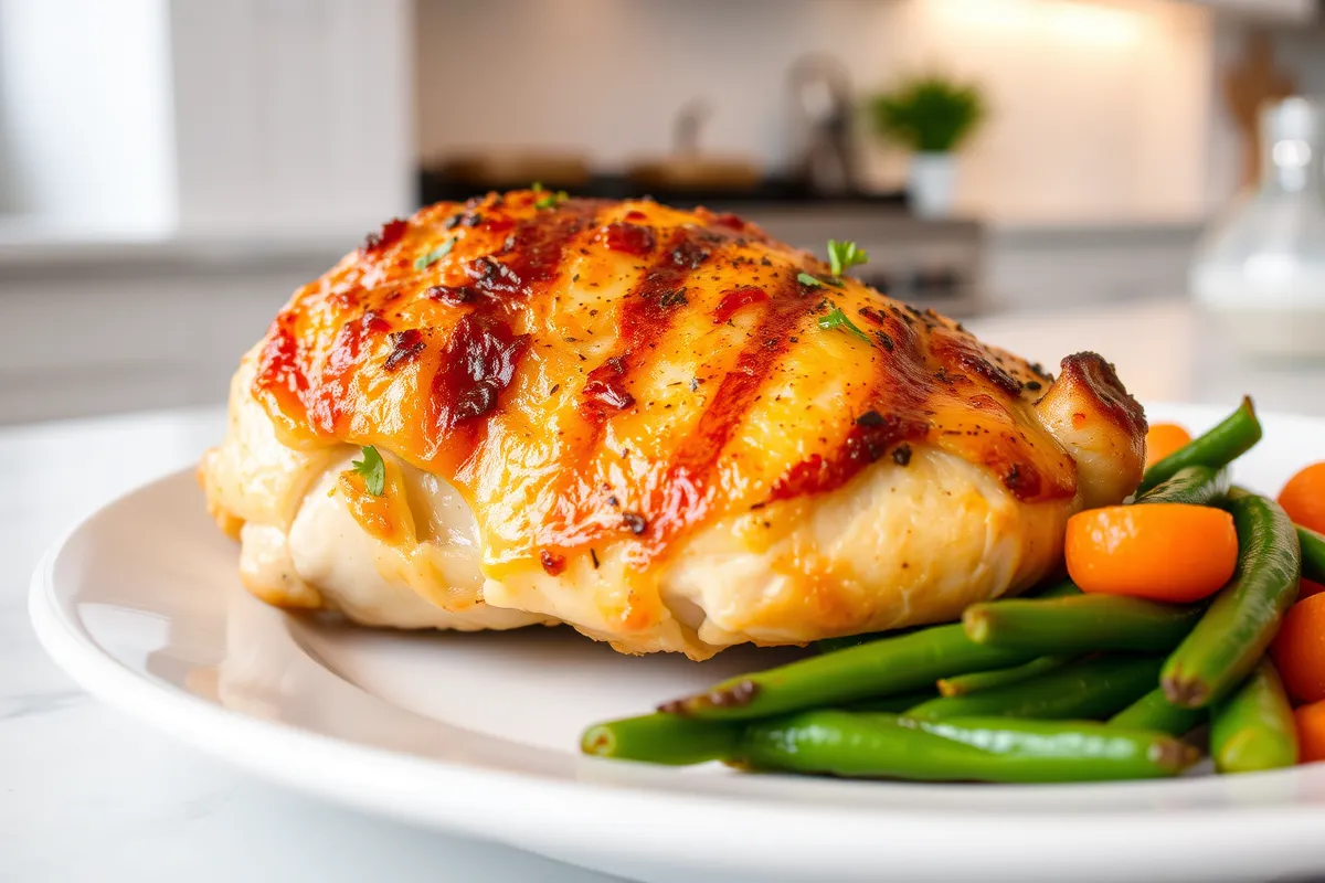 Suprême de poulet doré servi avec légumes frais et herbes