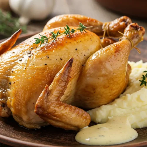 Suprême de poulet doré avec purée onctueuse et sauce légère, présenté sur une assiette en céramique