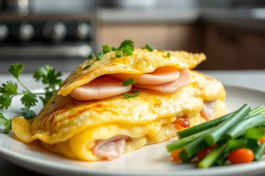 Omelette moelleuse avec jambon de dinde supérieur et légumes croquants