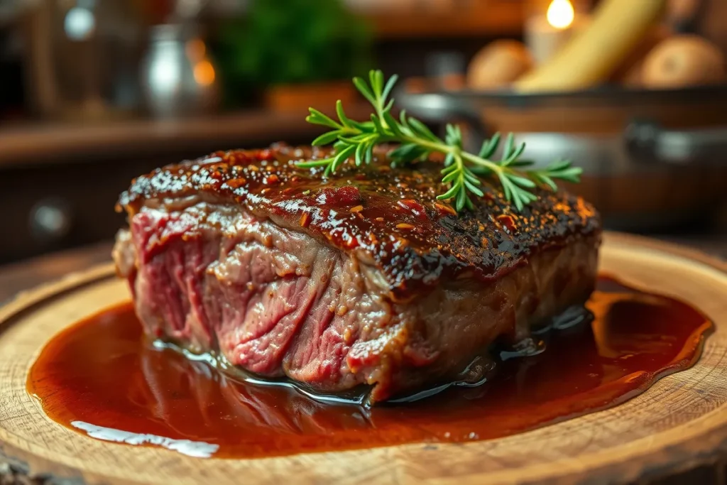 Boeuf jarret cuit à la perfection, servi avec une sauce savoureuse.