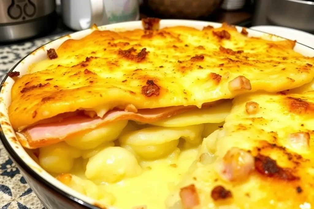 Gratin de pommes de terre crémeux au jambon de dinde supérieur avec croûte dorée