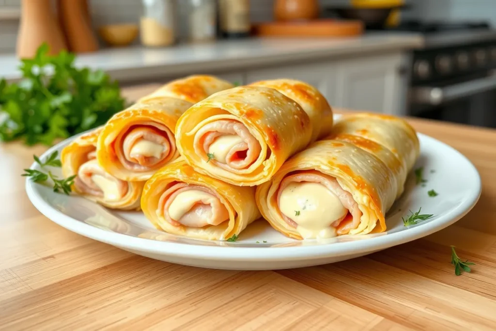 Feuilletés croustillants au jambon de dinde supérieur et béchamel.