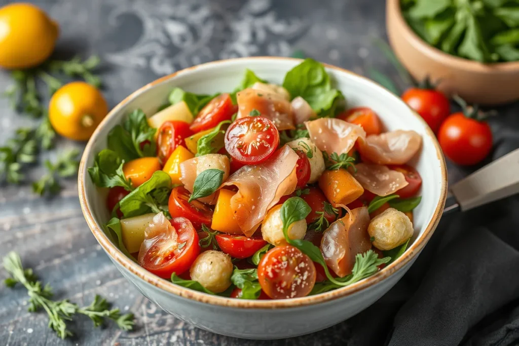Salade composée avec jambon de dinde supérieur, légumes frais et vinaigrette légère