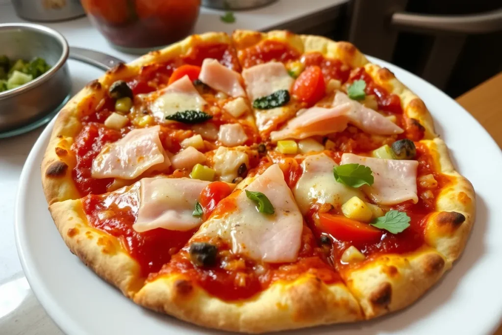 Pizza maison avec jambon de dinde supérieur, légumes frais et fromage fondu