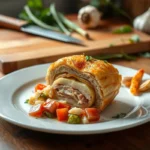 Paupiette de dinde savoureuse servie avec des légumes sautés et des herbes fraîches, sur une assiette blanche