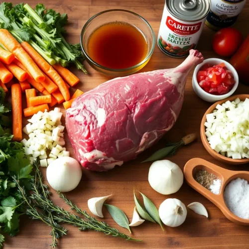 Ingrédients pour un jarret de bœuf mijoté : viande crue, carottes, oignons, céleri, ail, bouillon de bœuf, tomates concassées, thym, laurier, sel, poivre et huile d’olive sur un plan de travail en bois.